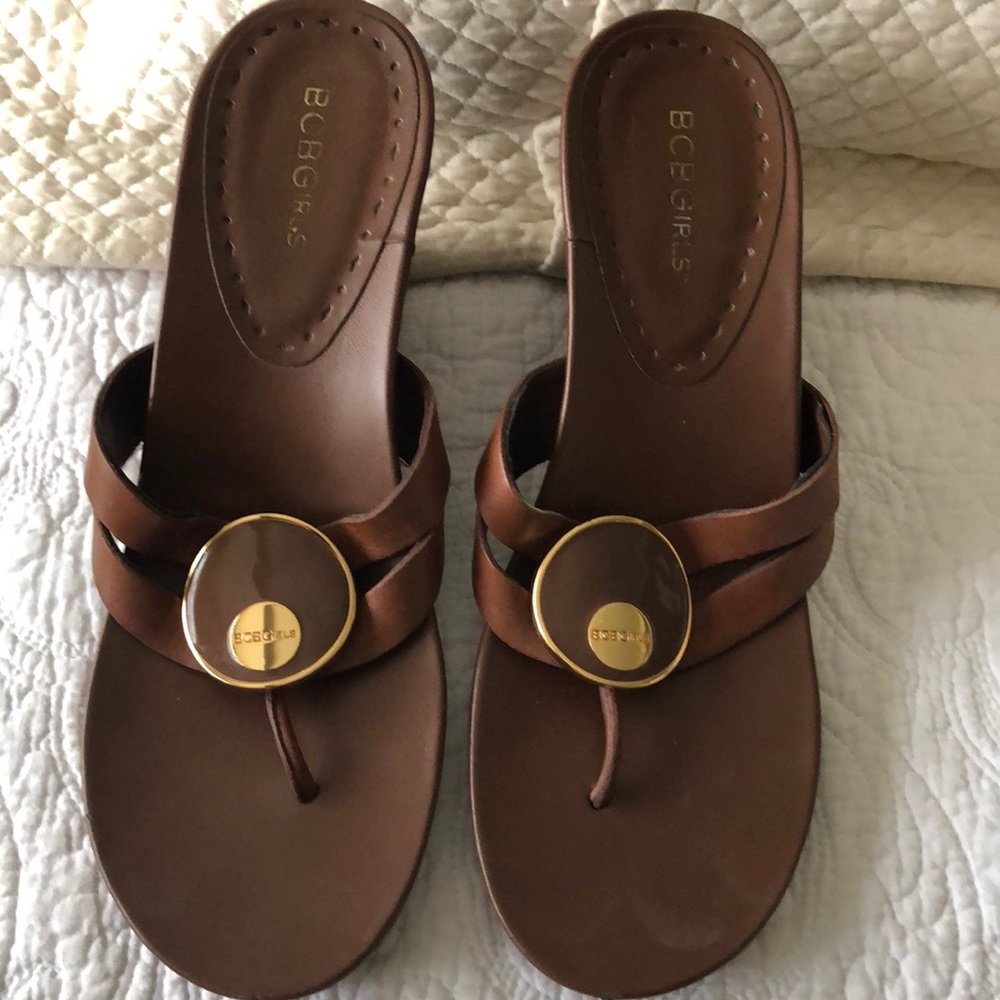 BCBG leather wedge sandals